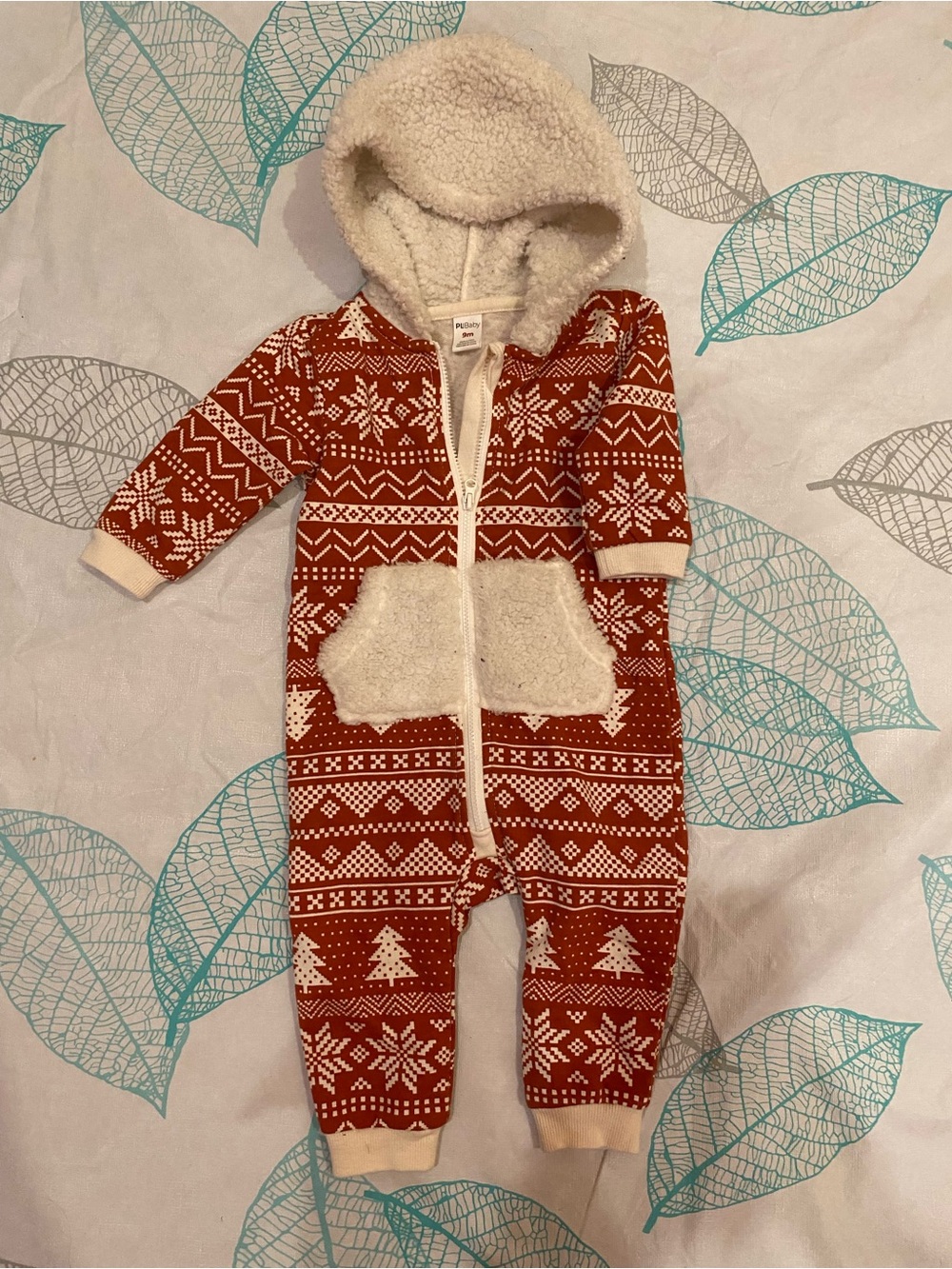 Plush-Lined Red Print Baby One-Piece with Hood lightweight